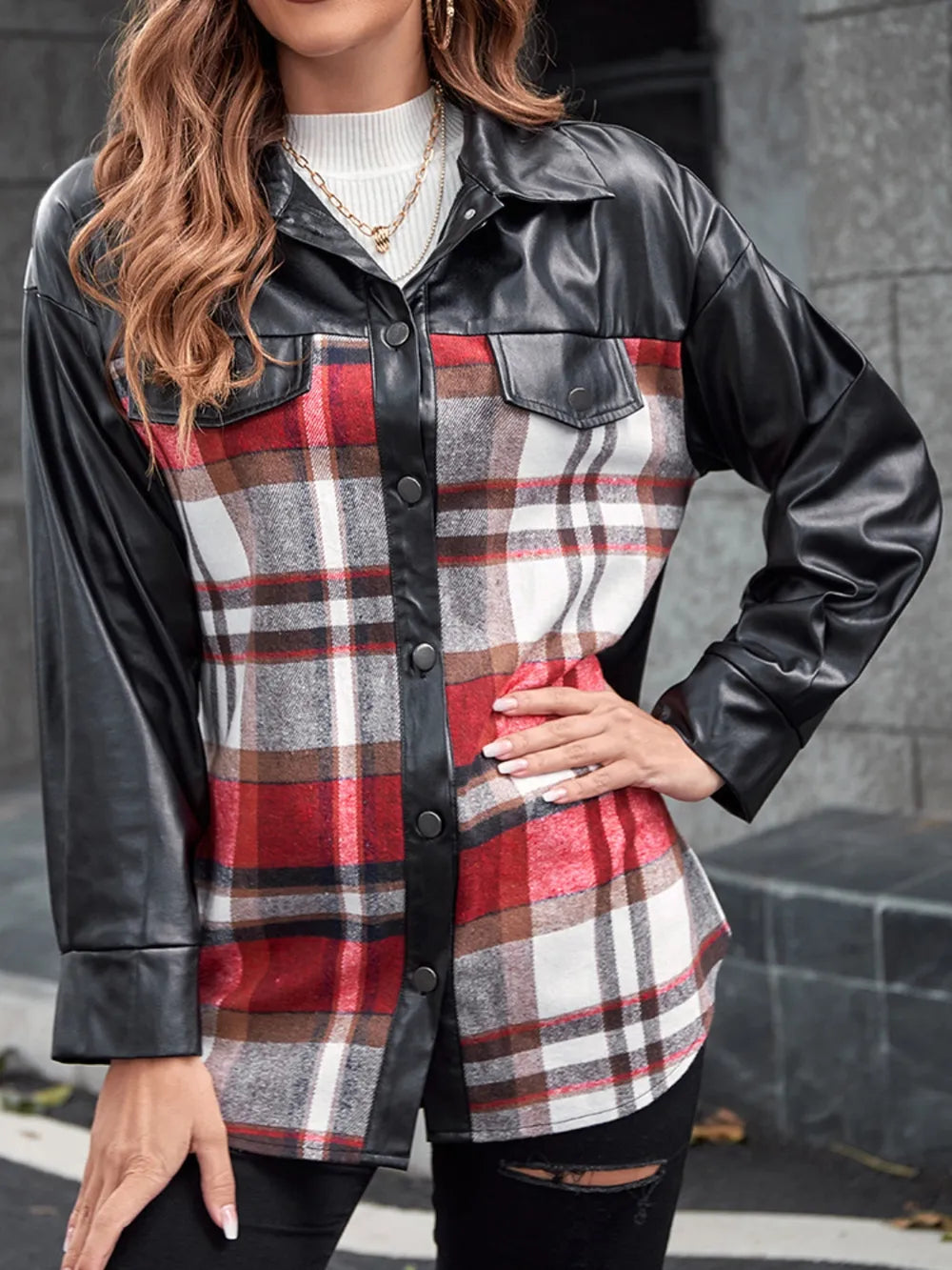 Ivy Lane Plaid Button Up Dropped Shoulder Jacket in Black
