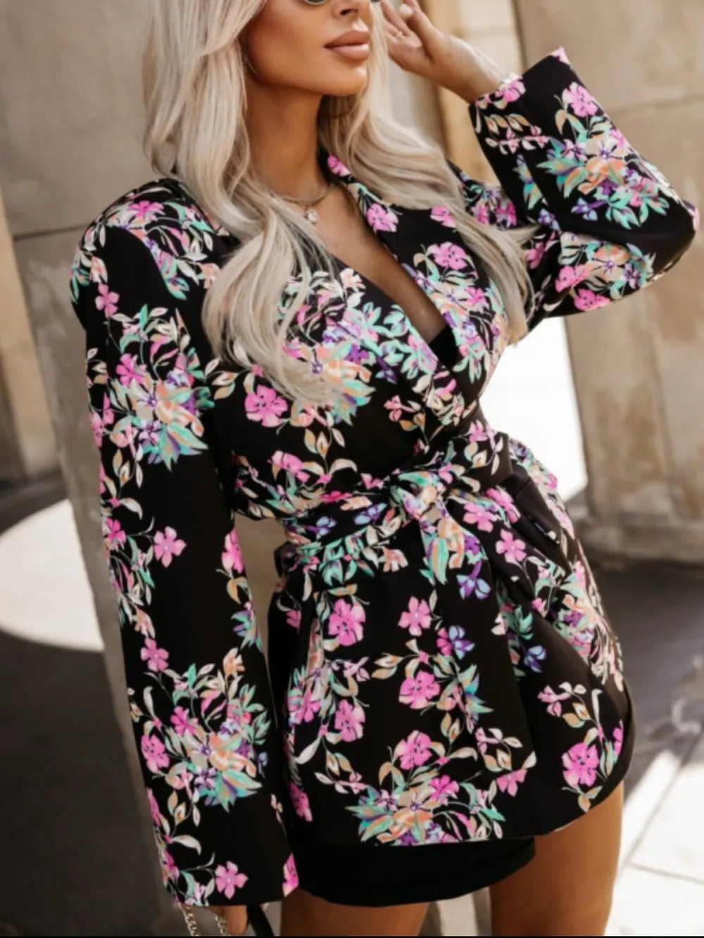 Tied Printed Collared Neck Long Sleeve Jacket in Black
