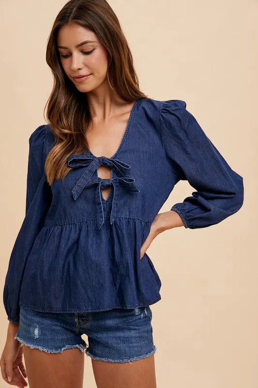 Annie Wear Tie Front Peplum Long Sleeve Denim Top - Lilixa.store