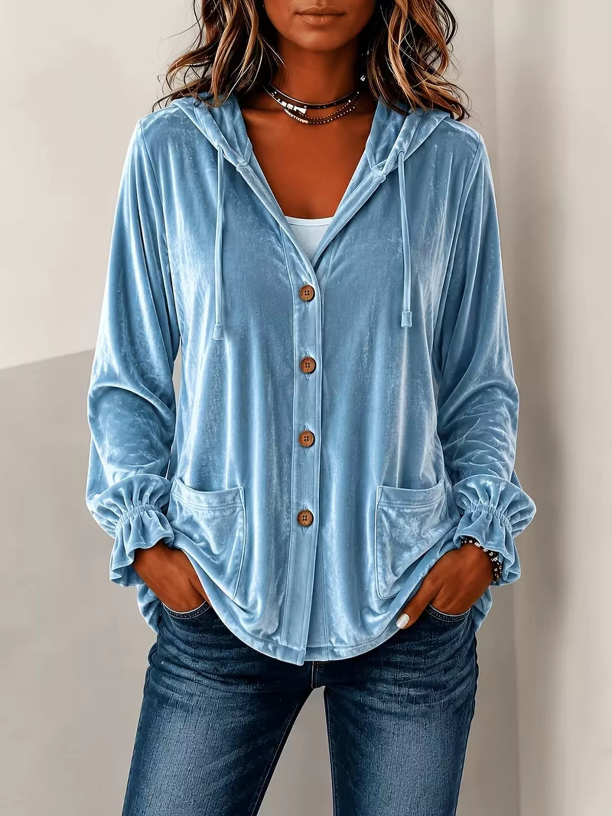 Full Size Velvet Button-Down Hooded Outerwear Plus Size - Lilixa.store