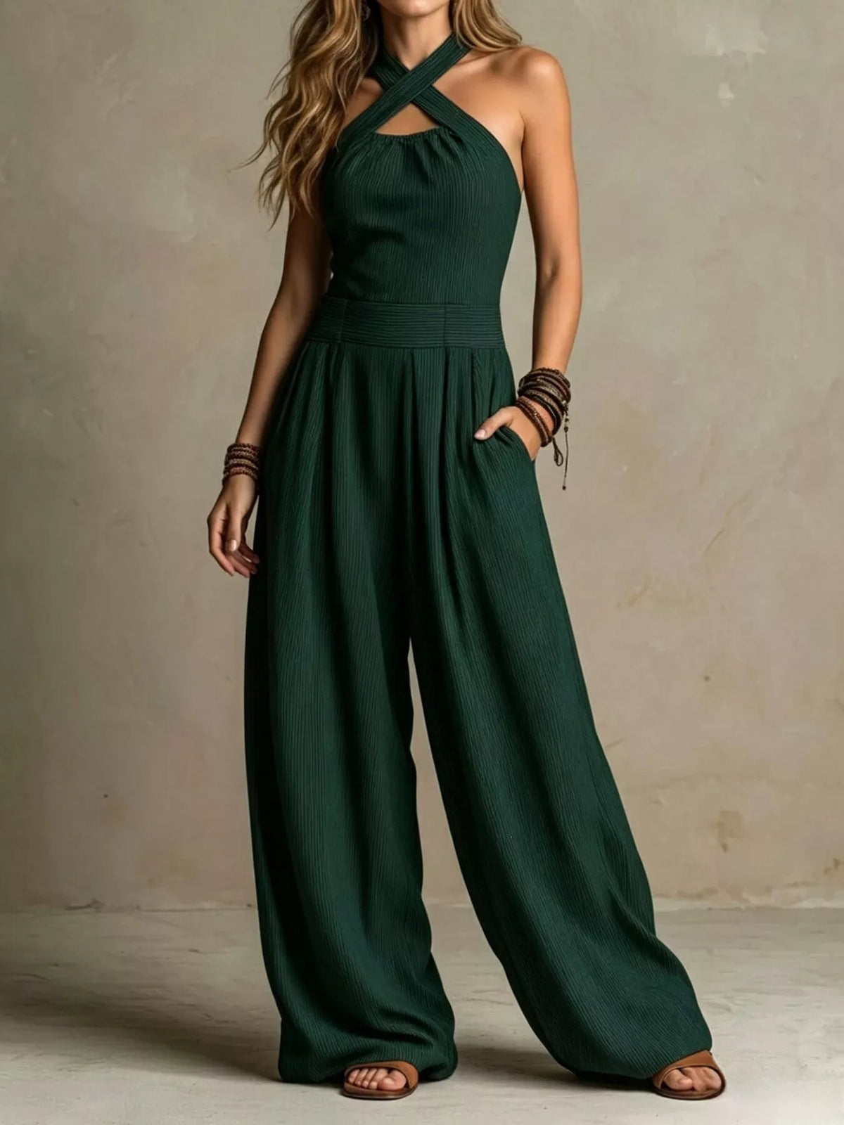 Halter Neck Wide-Leg Jumpsuit with Pockets - Lilixa.store