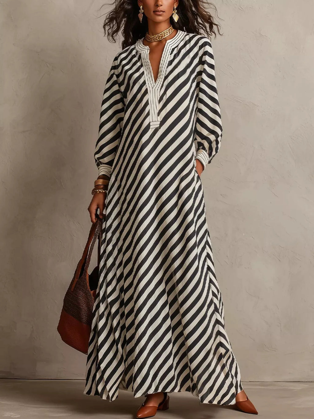 Striped Long Sleeves Maxi Dress - Lilixa.store
