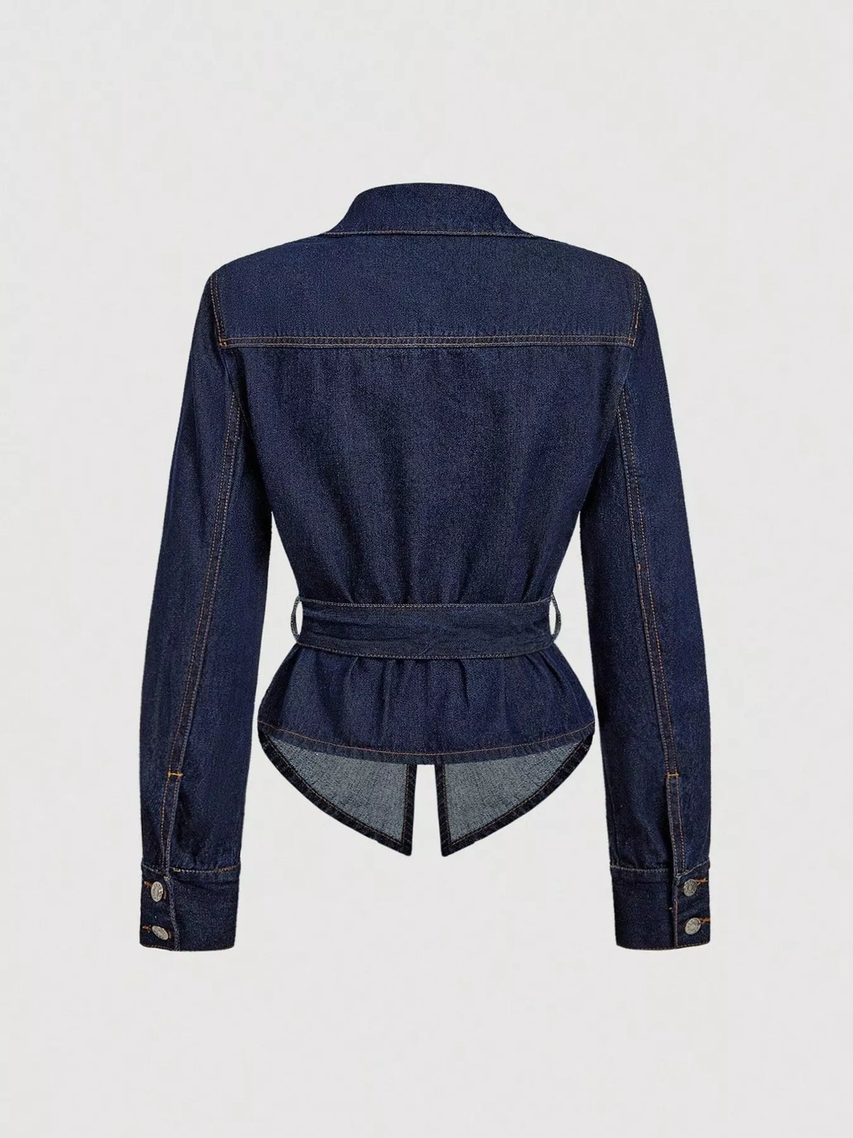 Tie Waist Long Sleeve Denim Jacket in Blue, view 2