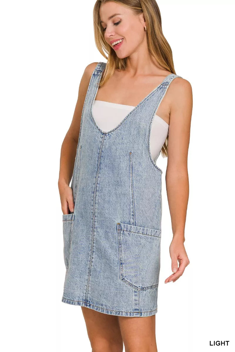 Zenana Denim Overall Dress with Front Pockets, view 4
