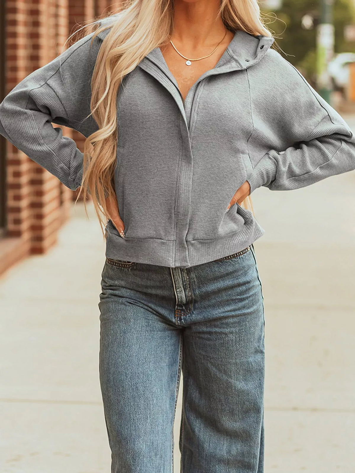 Waffle Splicing Zip Up Front Button Hooded Jacket in Gray