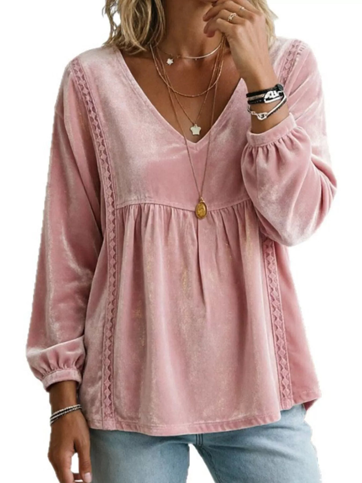 Full Size V-Neck Long Sleeve Velvet Blouse with Lace Trim Plus Size - Lilixa.store