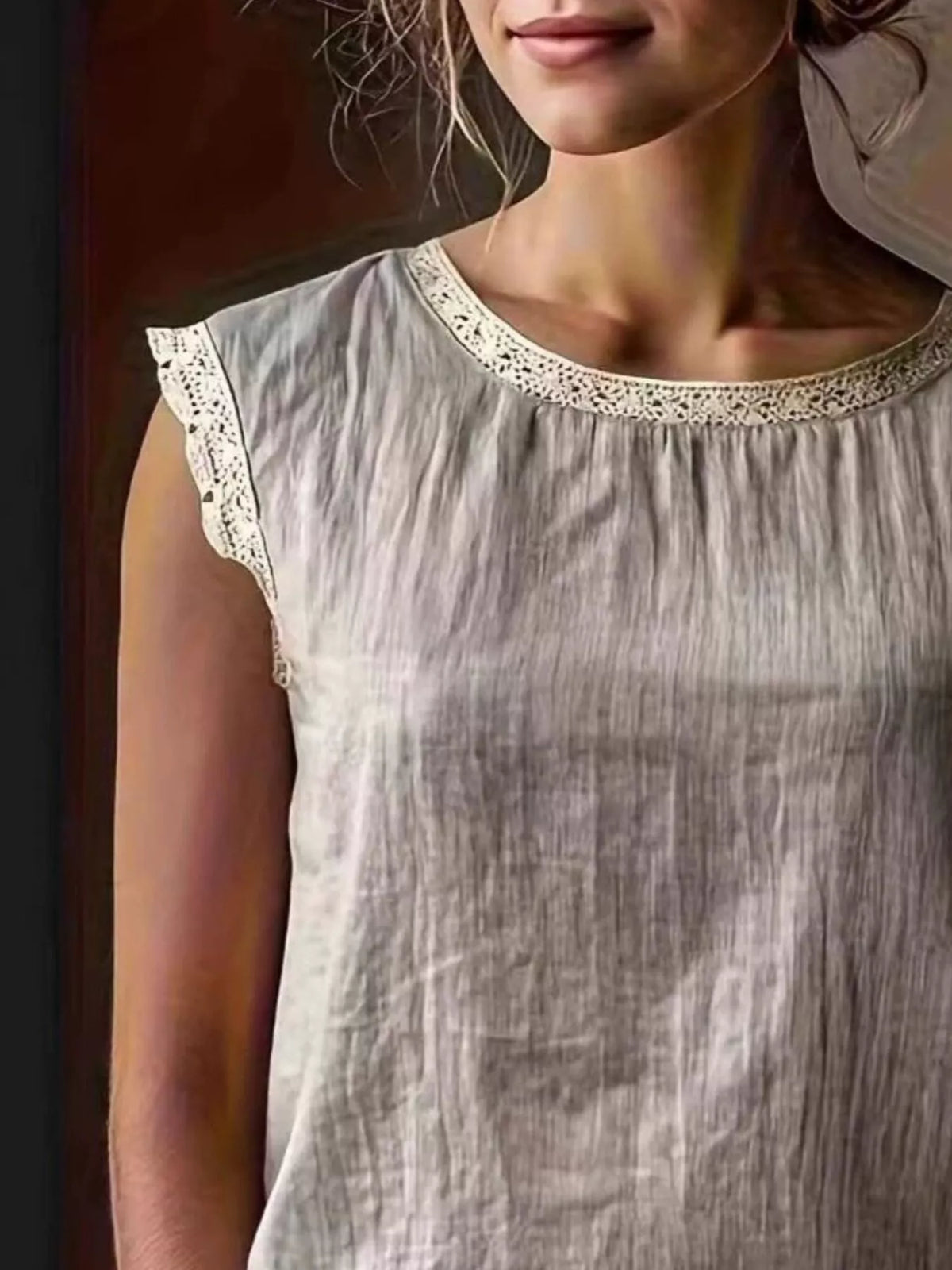Lace Trim Round Neck Sleeveless Blouse - Lilixa.store