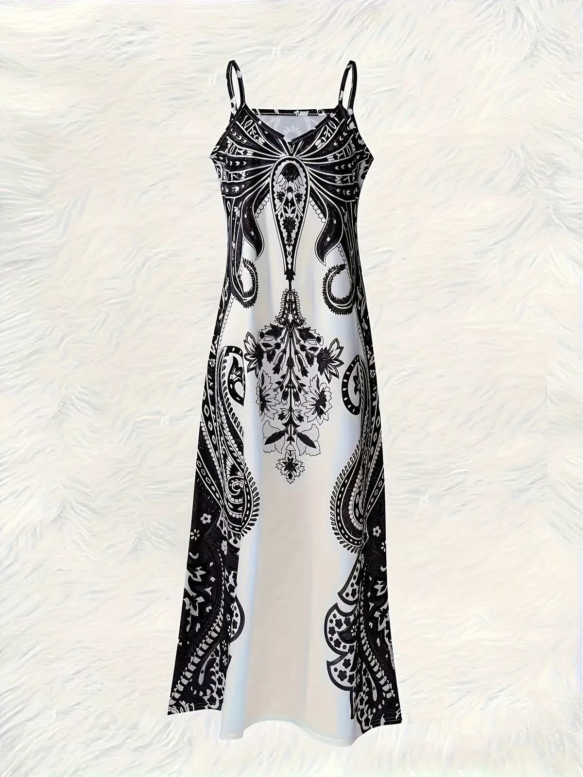 Printed Spaghetti Strap Maxi Dress in Black, view 3