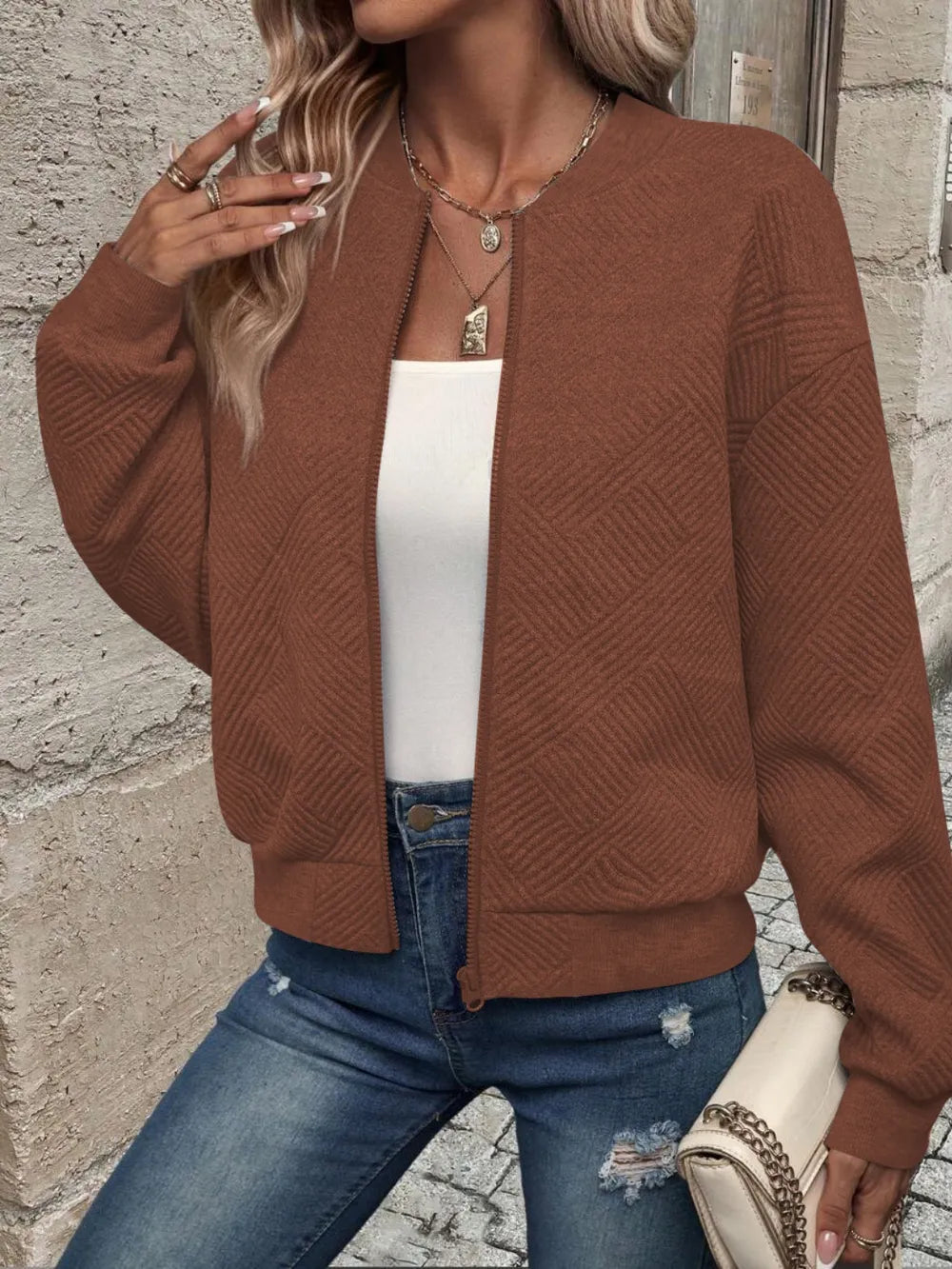Textured Zip Up Long Sleeve Jacket, view 16