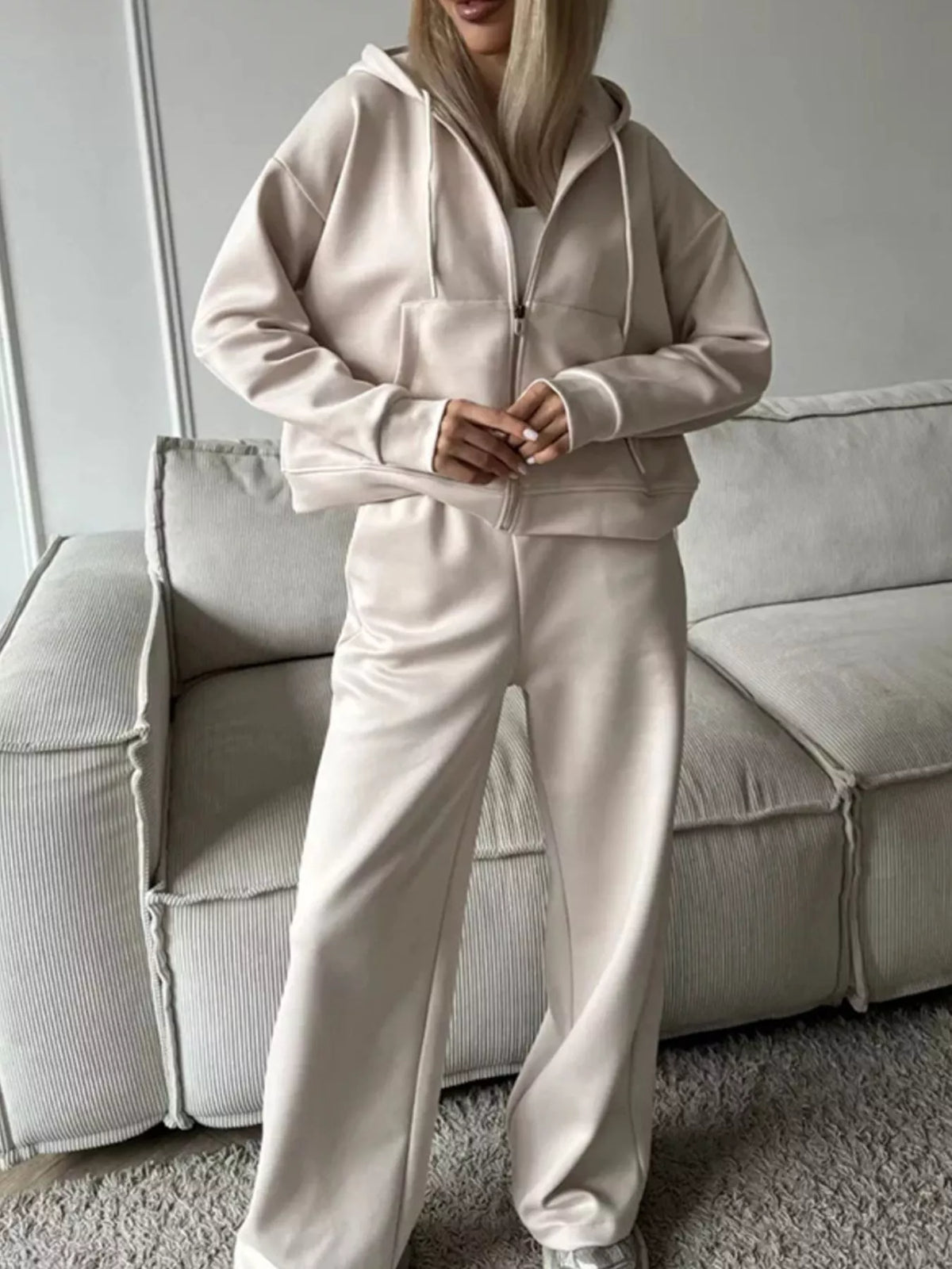 Zip-Up Hoodie and Wide-Leg Pants Set - Lilixa.store