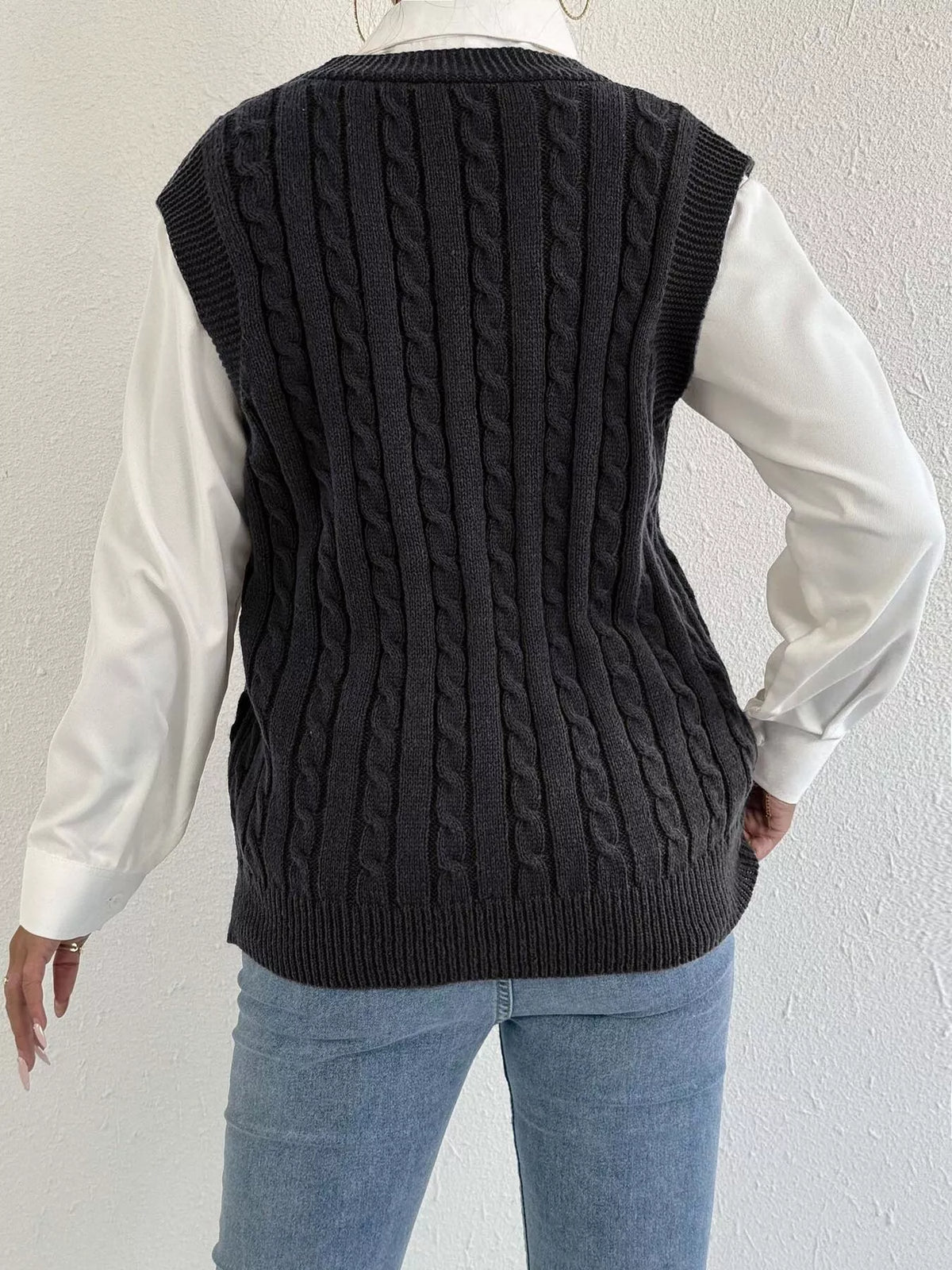 V-Neck Cable Knit Button-Down Sweater Vest with Heart Embroidery
