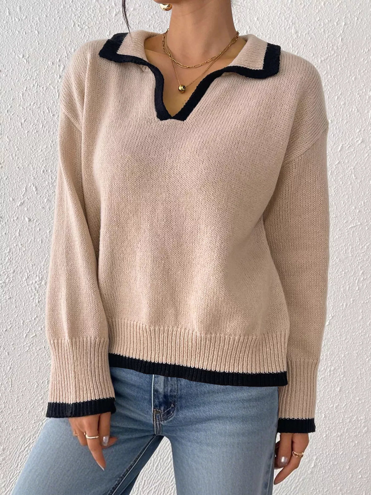 Contrast Trim Polo Collar Sweater - Lilixa.store