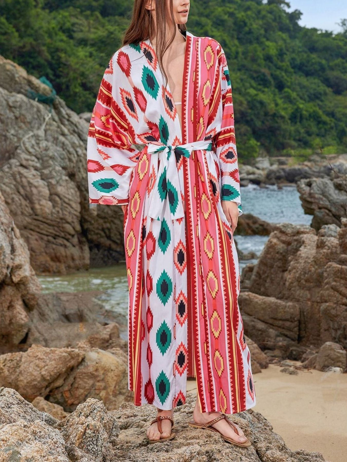 Boho Print Long Sleeve Beach Cover-Up - Lilixa.store