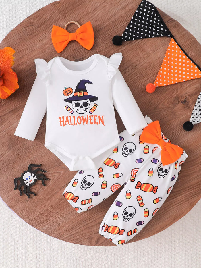Children's Halloween Skull Print Long Sleeve Bodysuit and Pants Set with Bow Headband - Lilixa.store