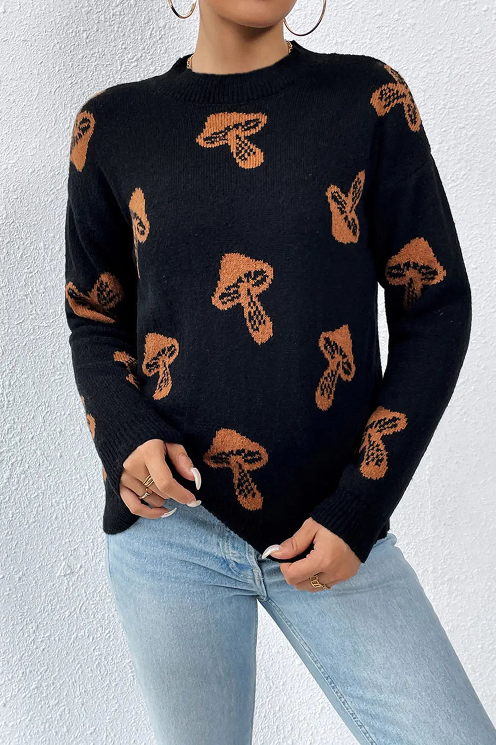 Graphic Mock Neck Dropped Shoulder Sweater - Lilixa.store