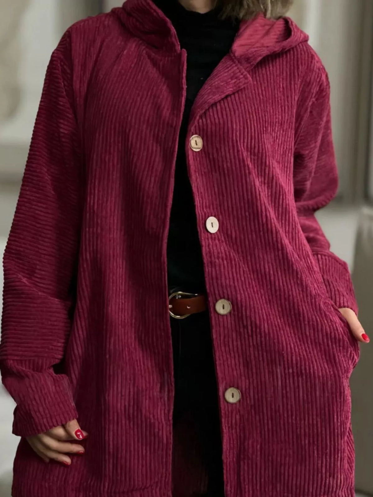 Full Size Corduroy Button Up Hooded Jacket Plus Size, view 7