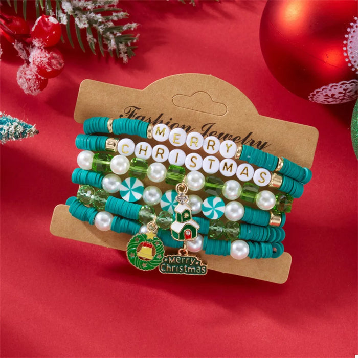 6-Piece Christmas Beaded Bracelet with Pearl Accents in Green