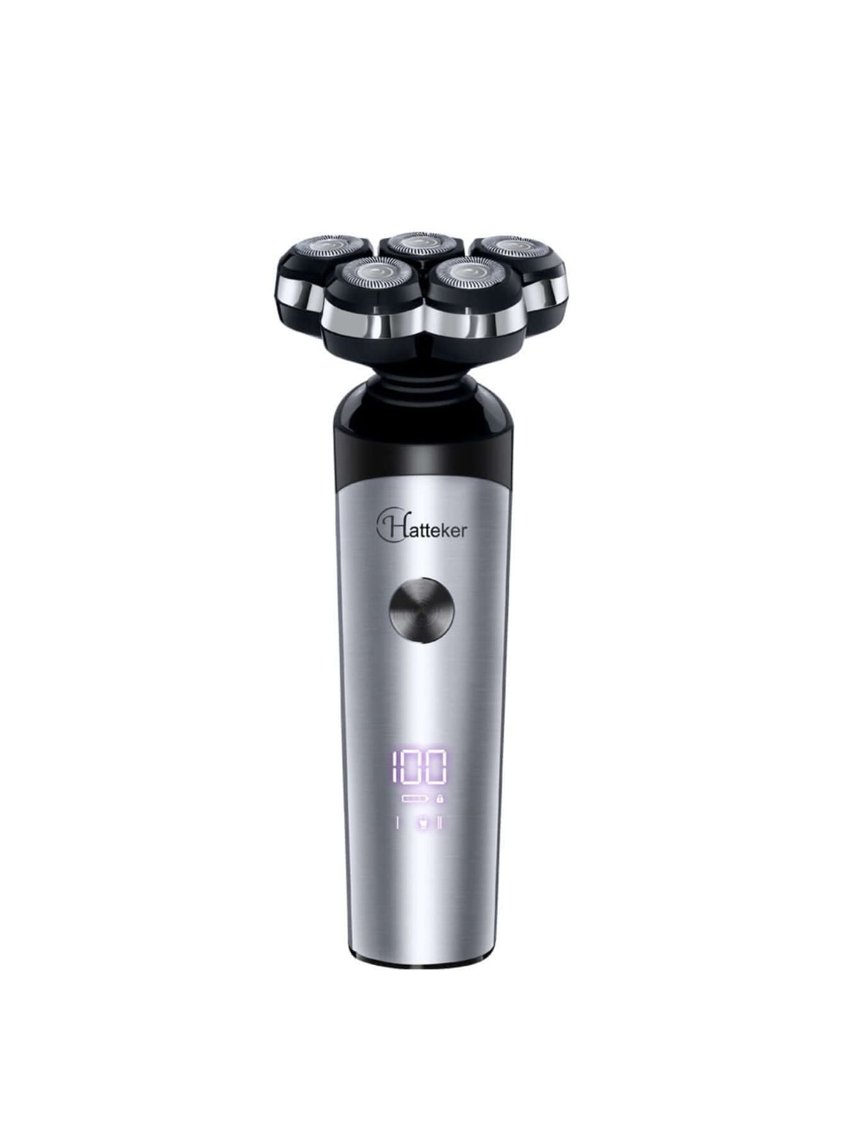 5-Head Rechargeable Electric Shaver with floating heads and digital display.