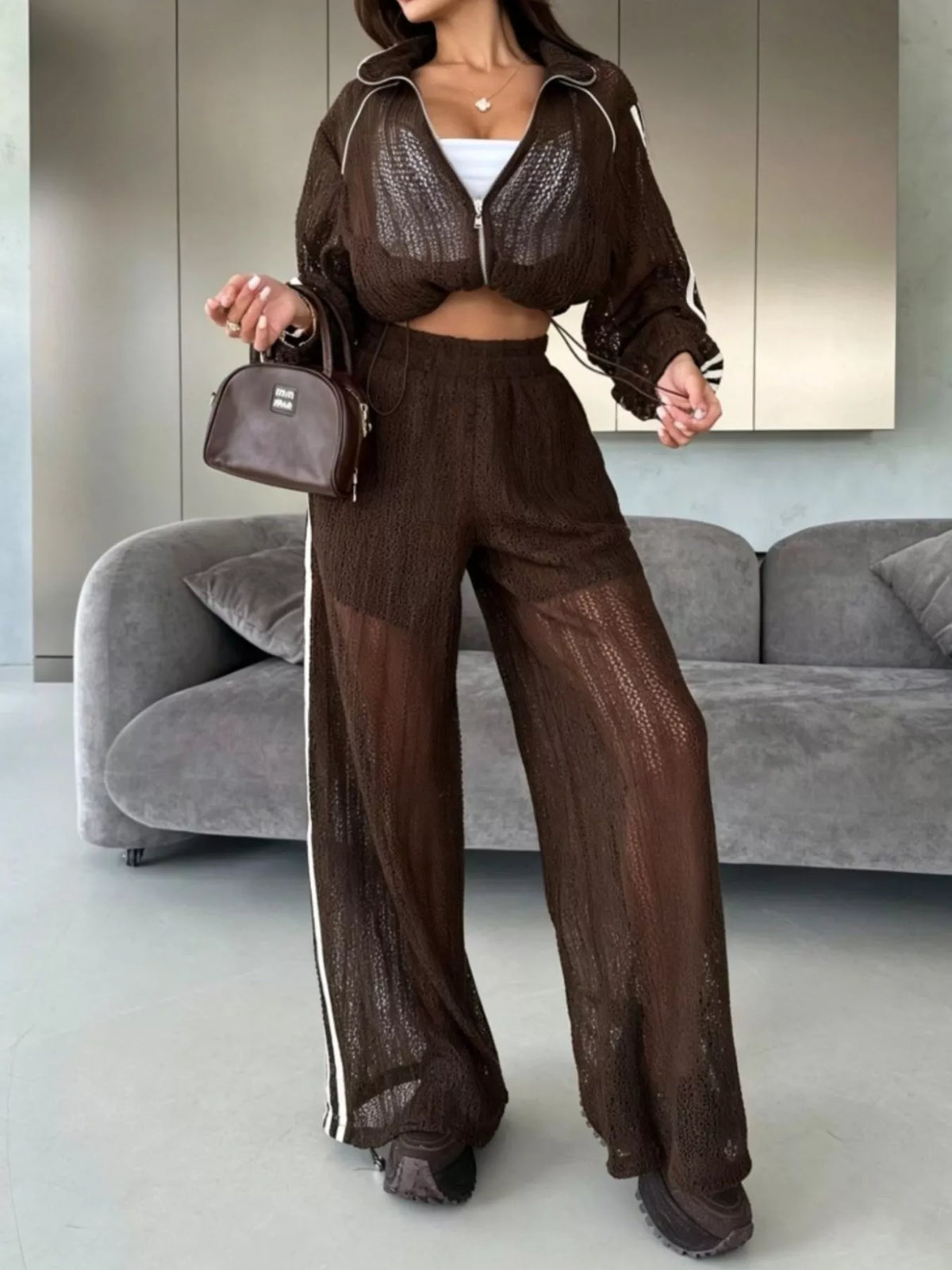 Side Stripes Zip Up Top and Pants Set - Lilixa.store