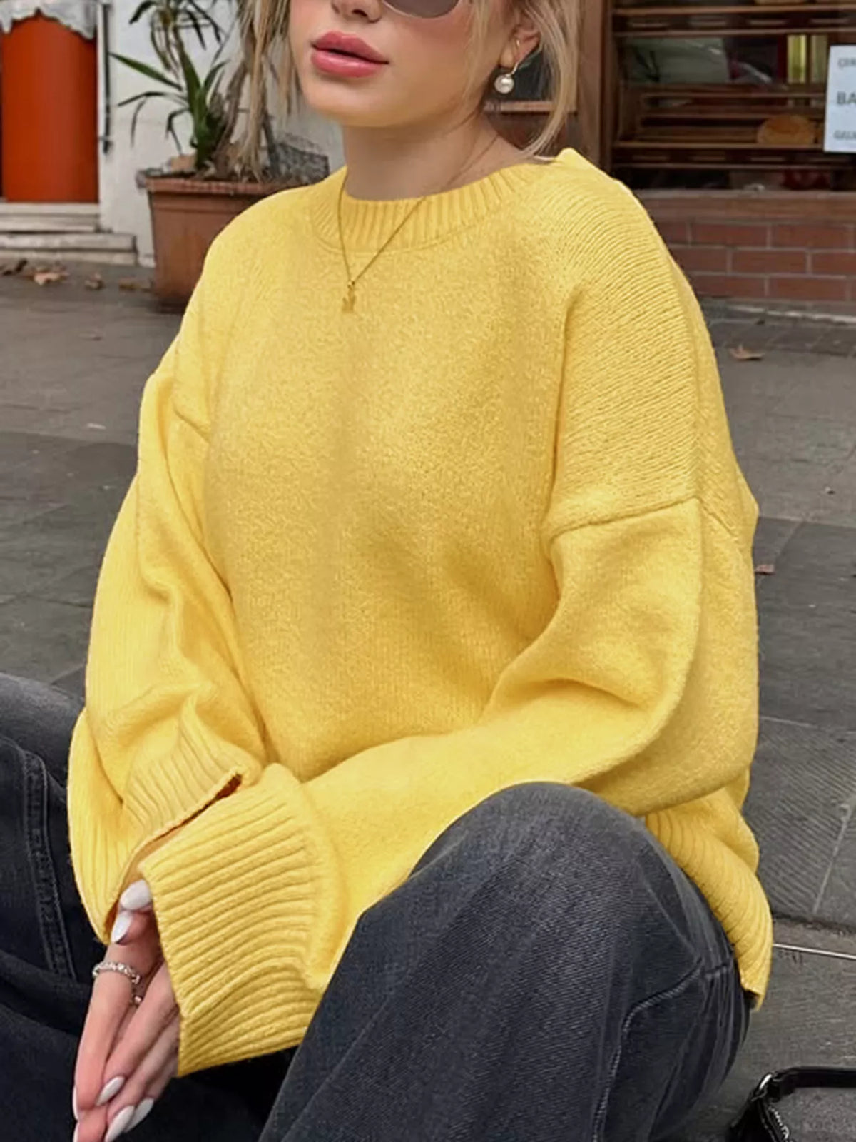 Ribbed Round Neck Dropped Shoulder Sweater - Lilixa.store