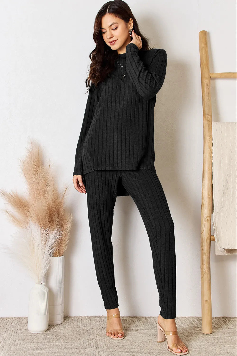 Basic Bae Full Size Ribbed Round Neck High-Low Slit Top and Pants Set - Lilixa.store