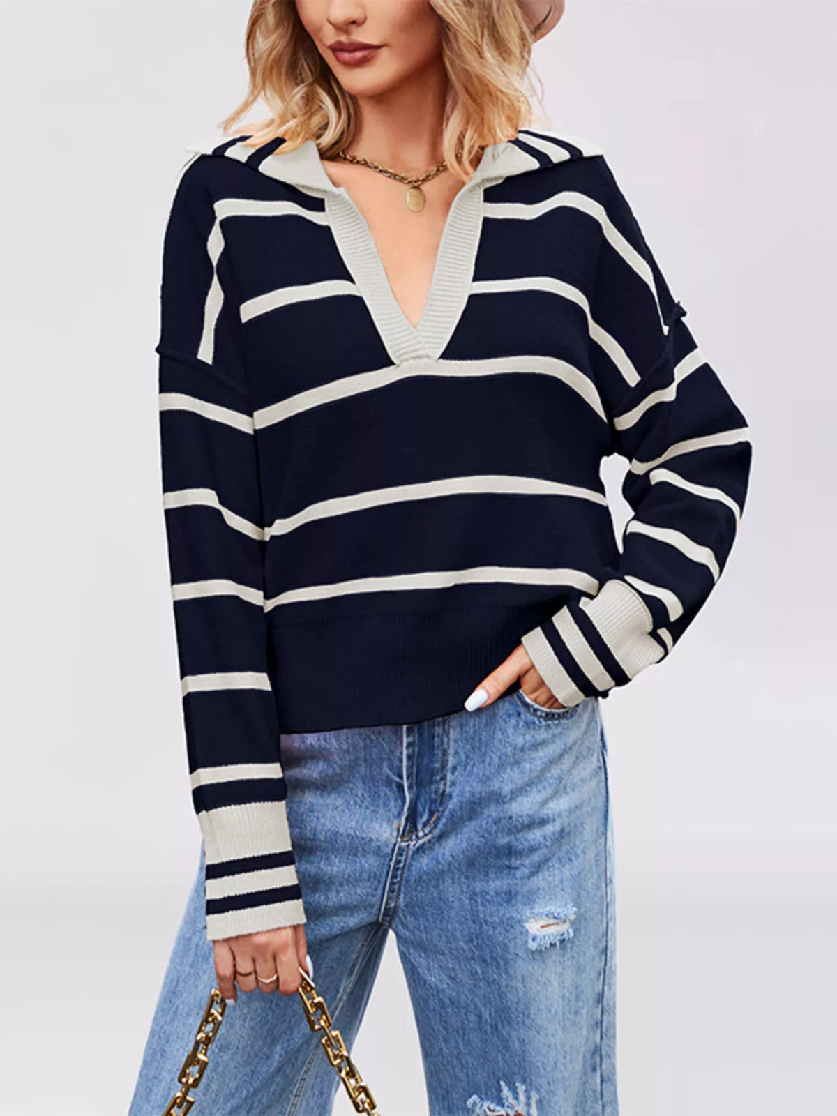 Striped Johnny Collar Dropped Shoulder Sweater - Lilixa.store