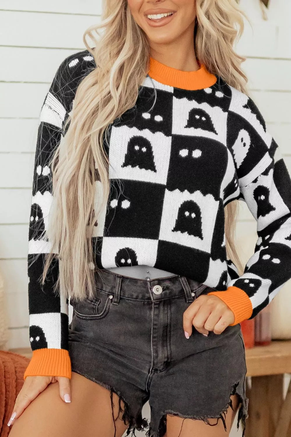 Halloween Ghost Pattern Checkerboard Sweater - Lilixa.store
