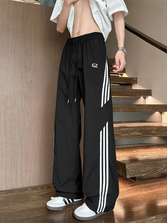 Men's Full Size Stripe Wide Leg Pants Plus Size in Black