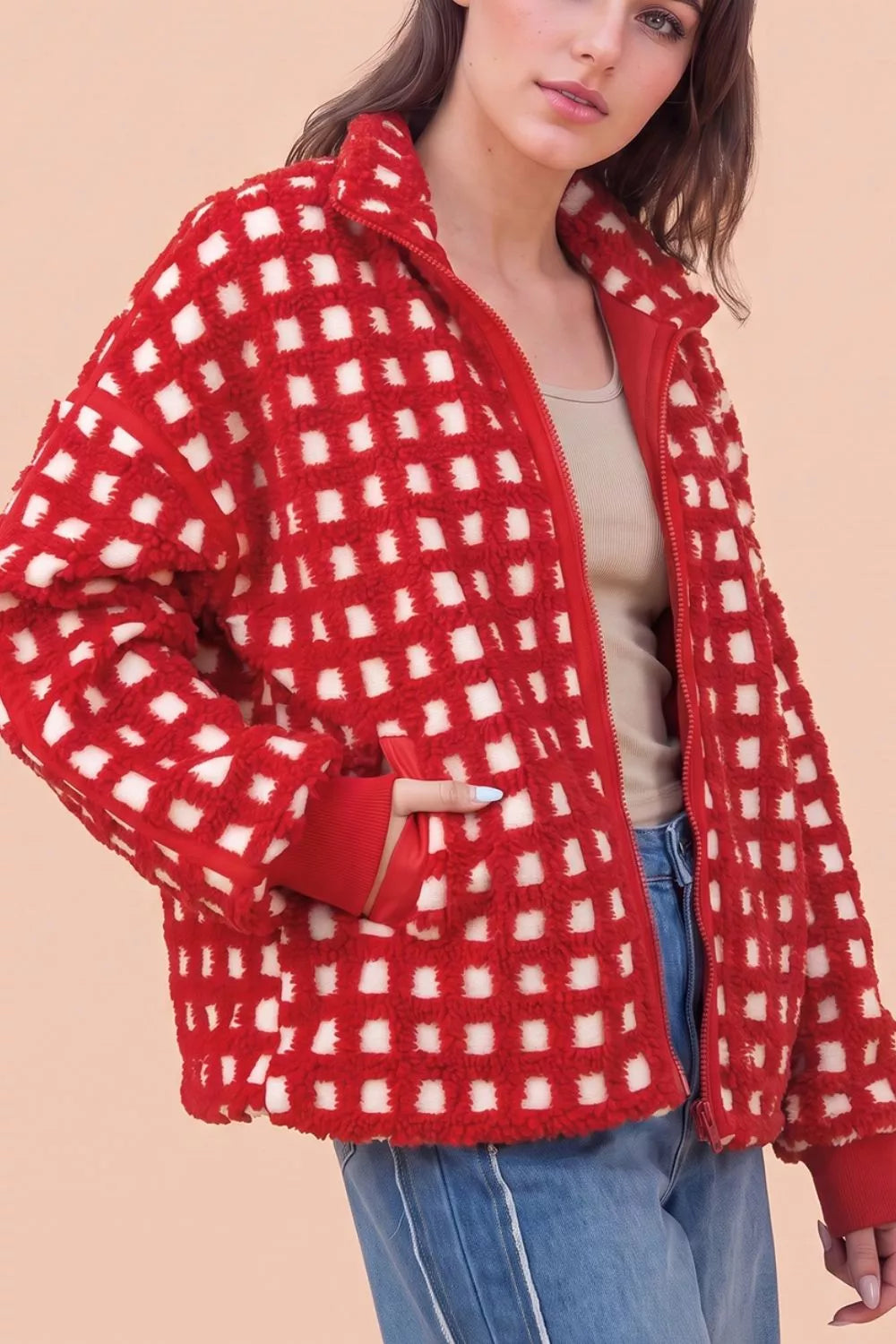 Plaid Zip-Up Long Sleeve Outerwear in Deep Red, view 3