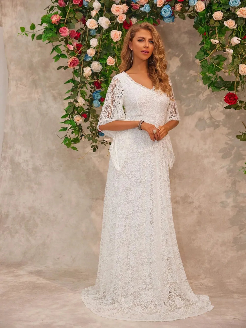 Lace V-Neck Floor length Dress - Lilixa.store