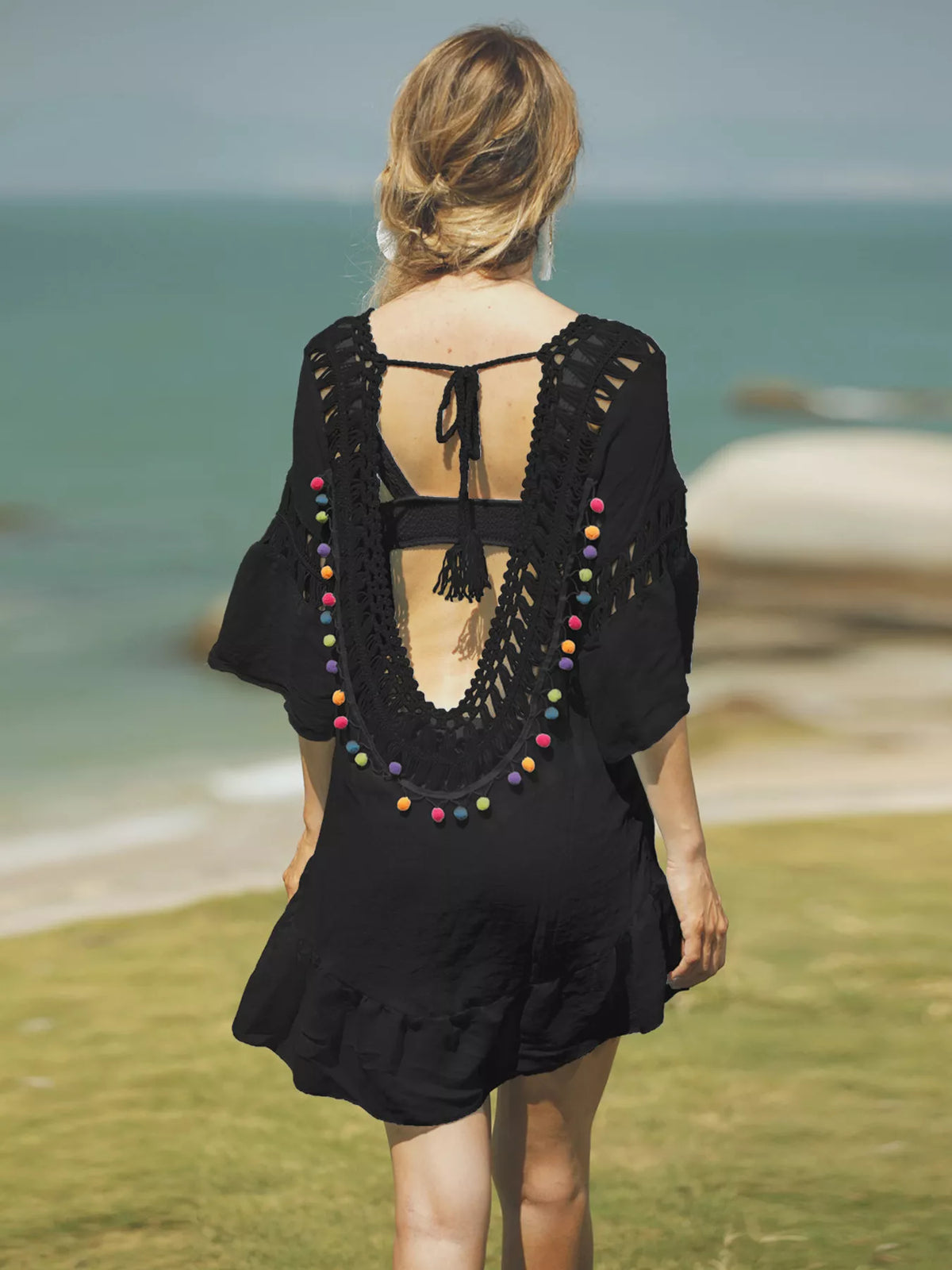 Crochet V-Neck Beach Cover-Up Dress - Lilixa.store