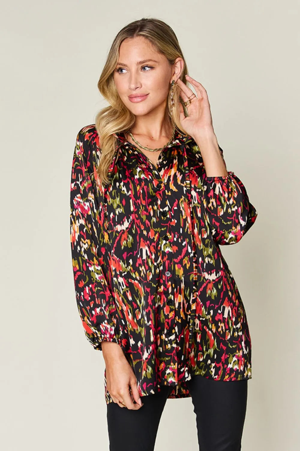 Double Take Full Size Printed Button Up Long Sleeve Shirt - Lilixa.store