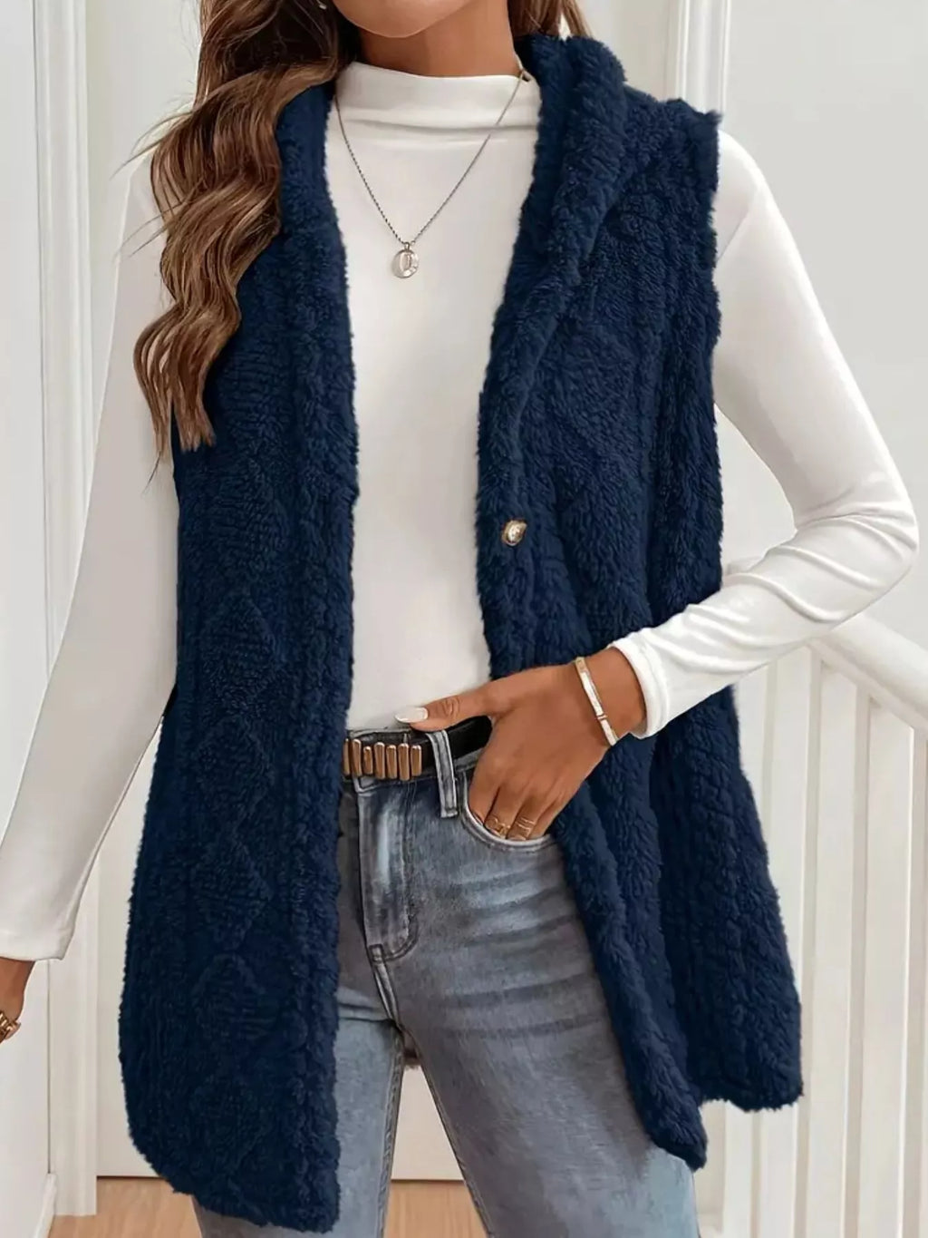 Hooded Button-Up Sherpa Vest Coat - Lilixa.store