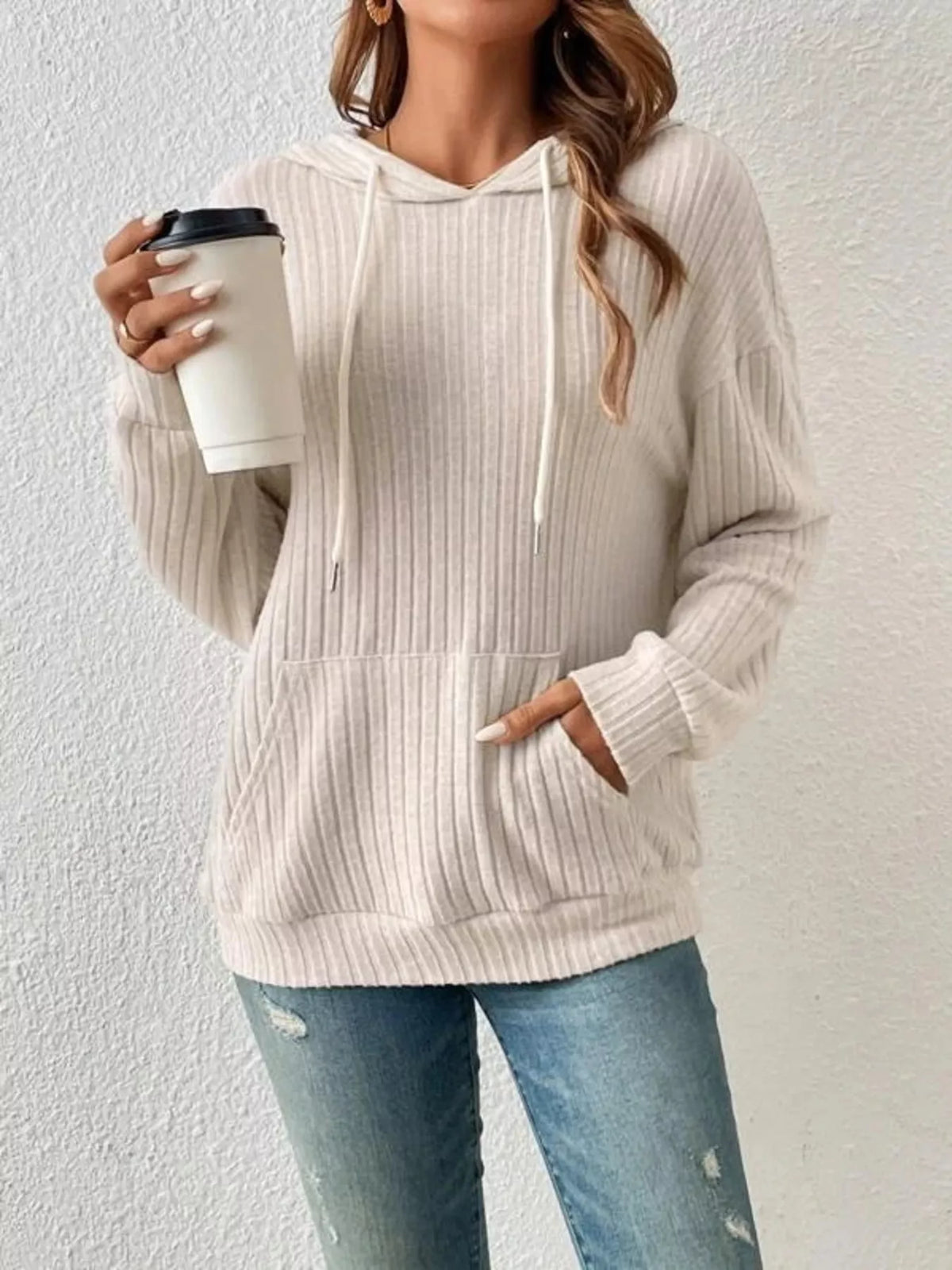 Casual Ribbed Knit Drawstring Hoodie - Lilixa.store