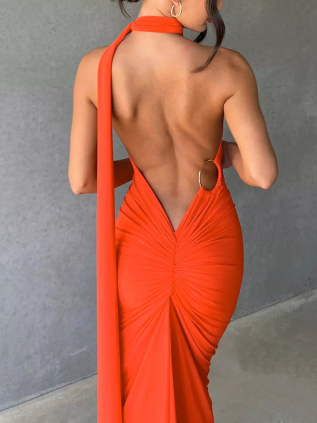 Backless One-Shoulder Ruched Bodycon Maxi Dress - Lilixa.store