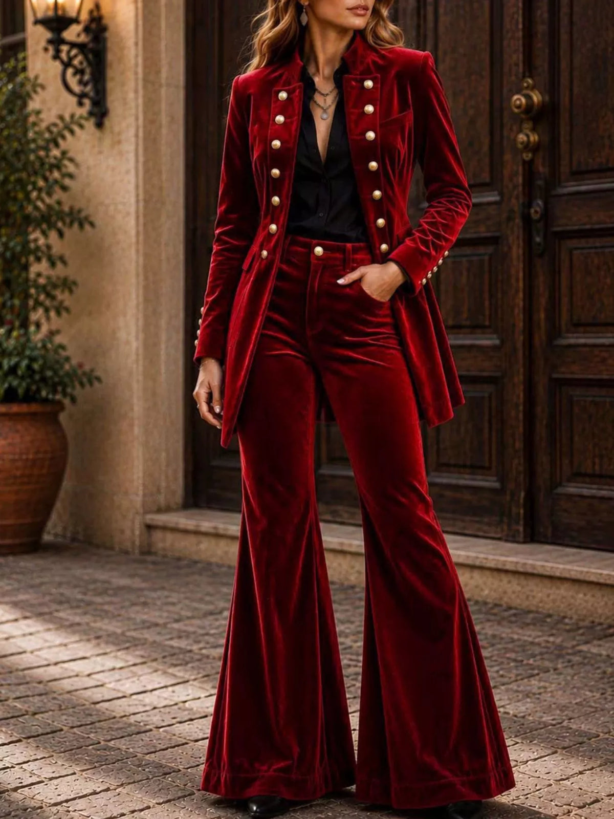 Velvet Double-Breasted Blazer and Flare Pants Set in Red