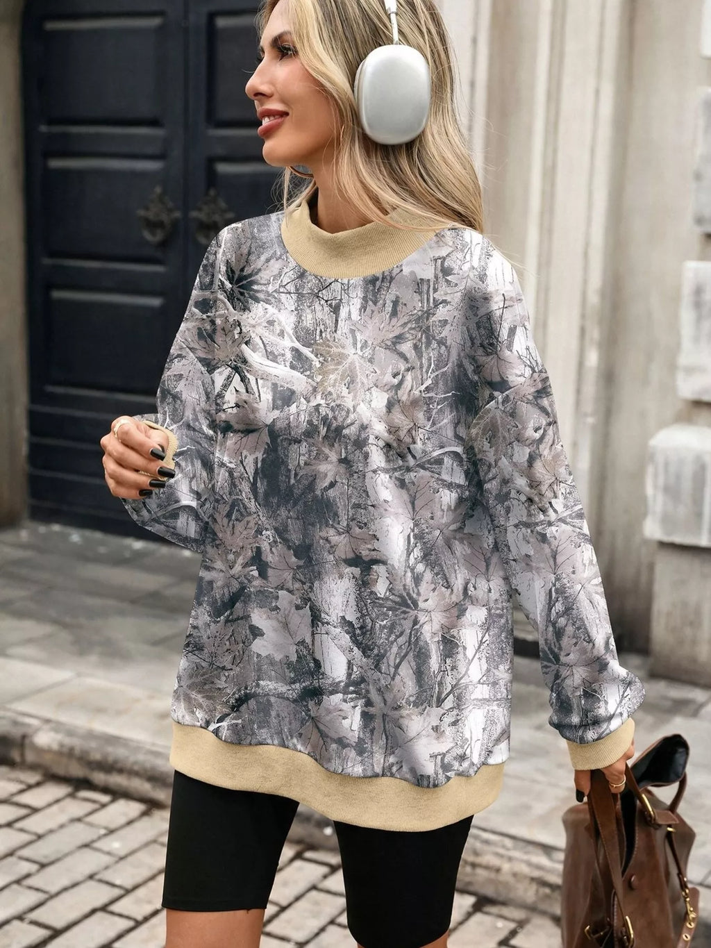Camouflage Print Mock Neck Sweatshirt - Lilixa.store