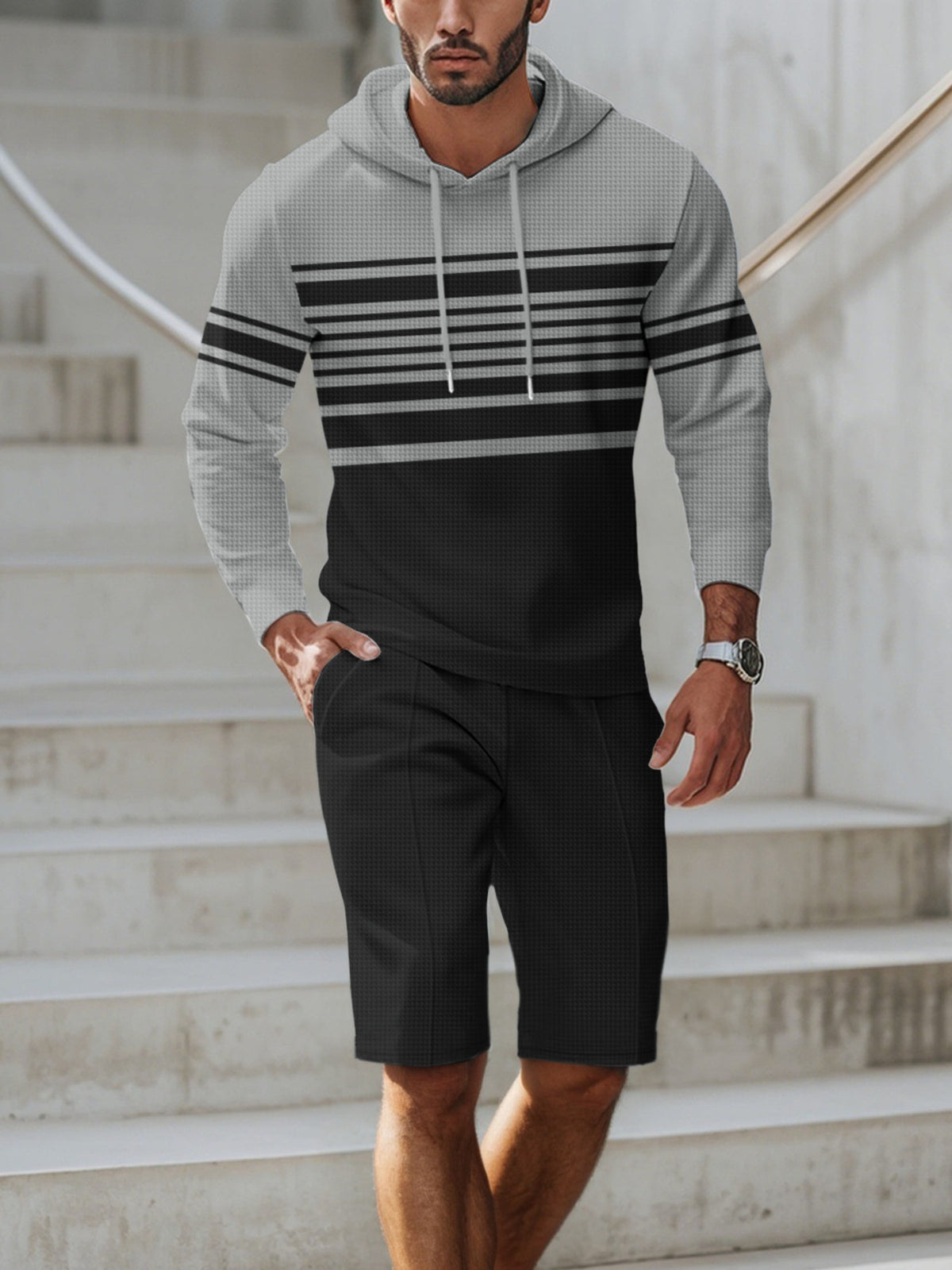 Men's Full Size Striped Hoodie & Shorts Casual Set Plus Size - Lilixa.store
