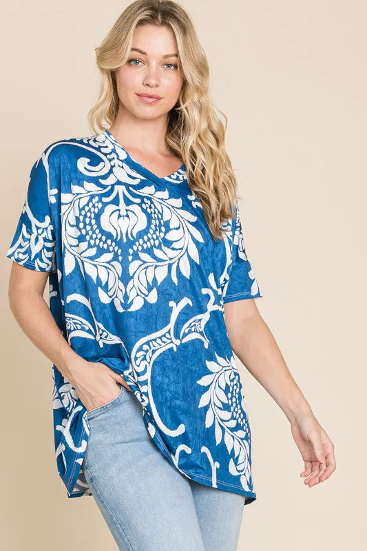 BOMBOM Printed Relaxed V-Neck Tunic Top - Lilixa.store