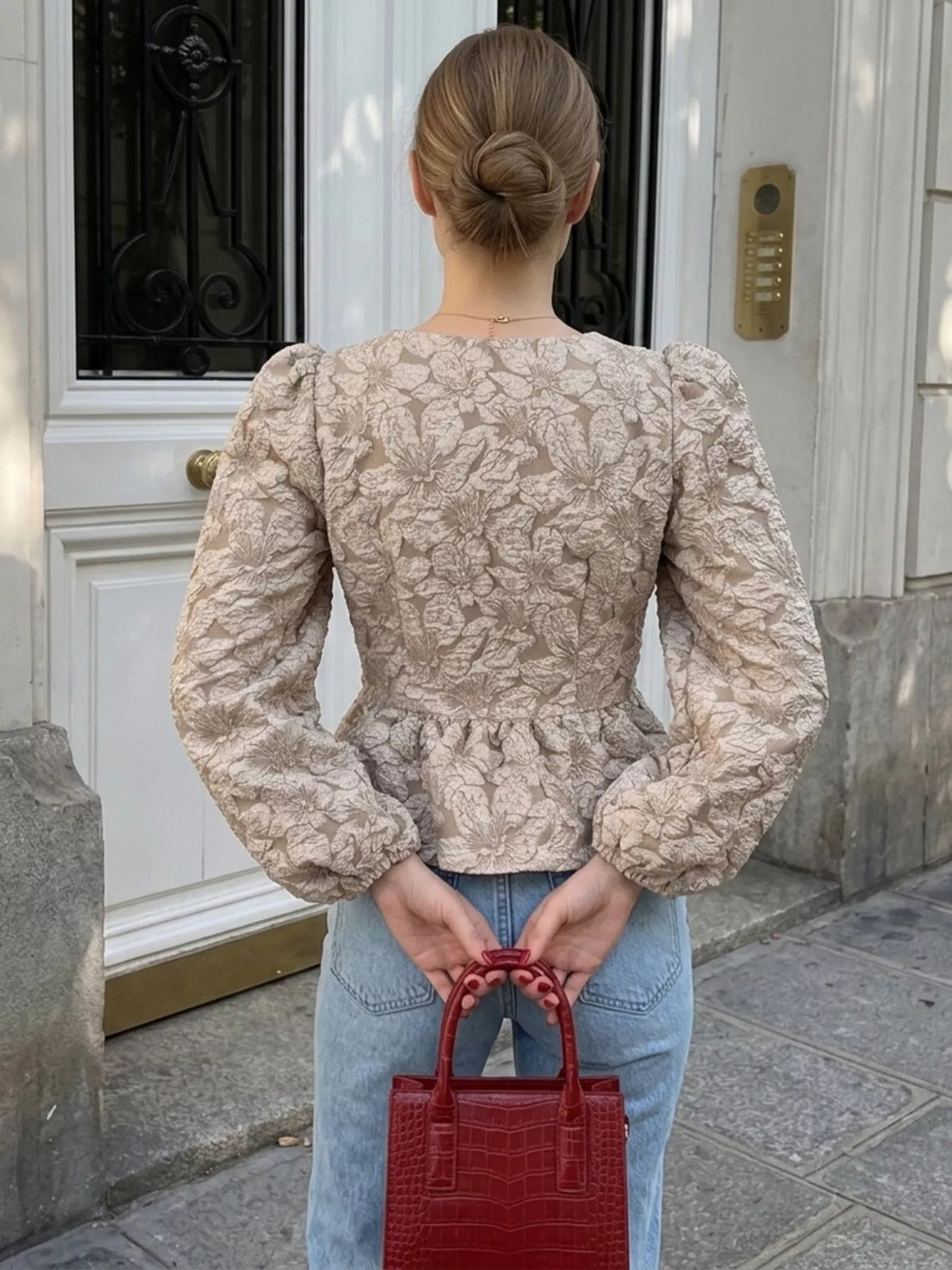 Square Neck Textured Peplum Blouse, view 14