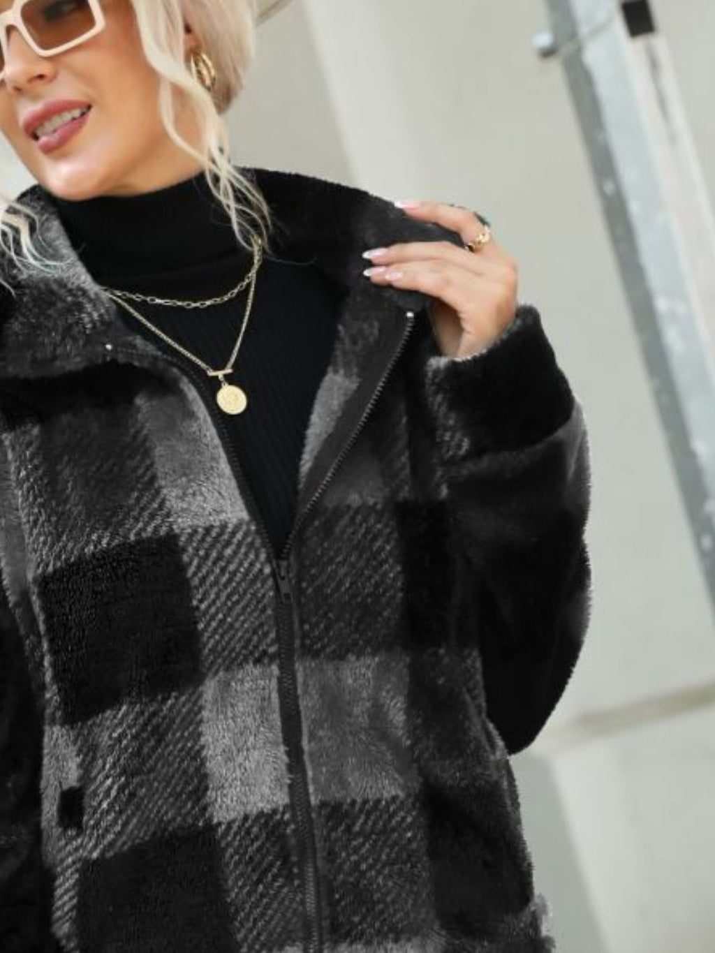 Plaid Zip-Up Collared Jacket - Lilixa.store