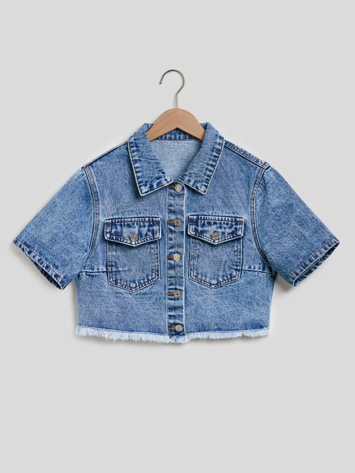 Cropped Short Sleeve Denim Jacket with Frayed Hem in Blue, view 3