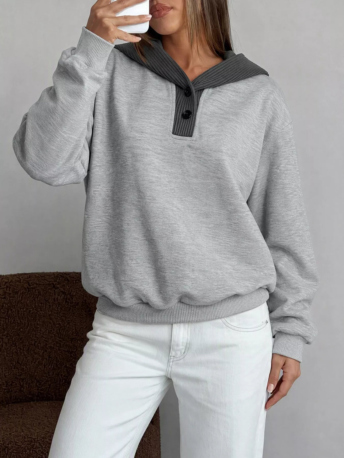Dropped Shoulder Long Sleeve Hoodie in Gray, view 2