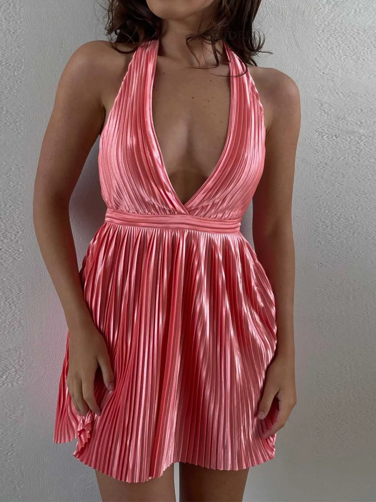 Pleated Halter Neck Mini Dress - Lilixa.store