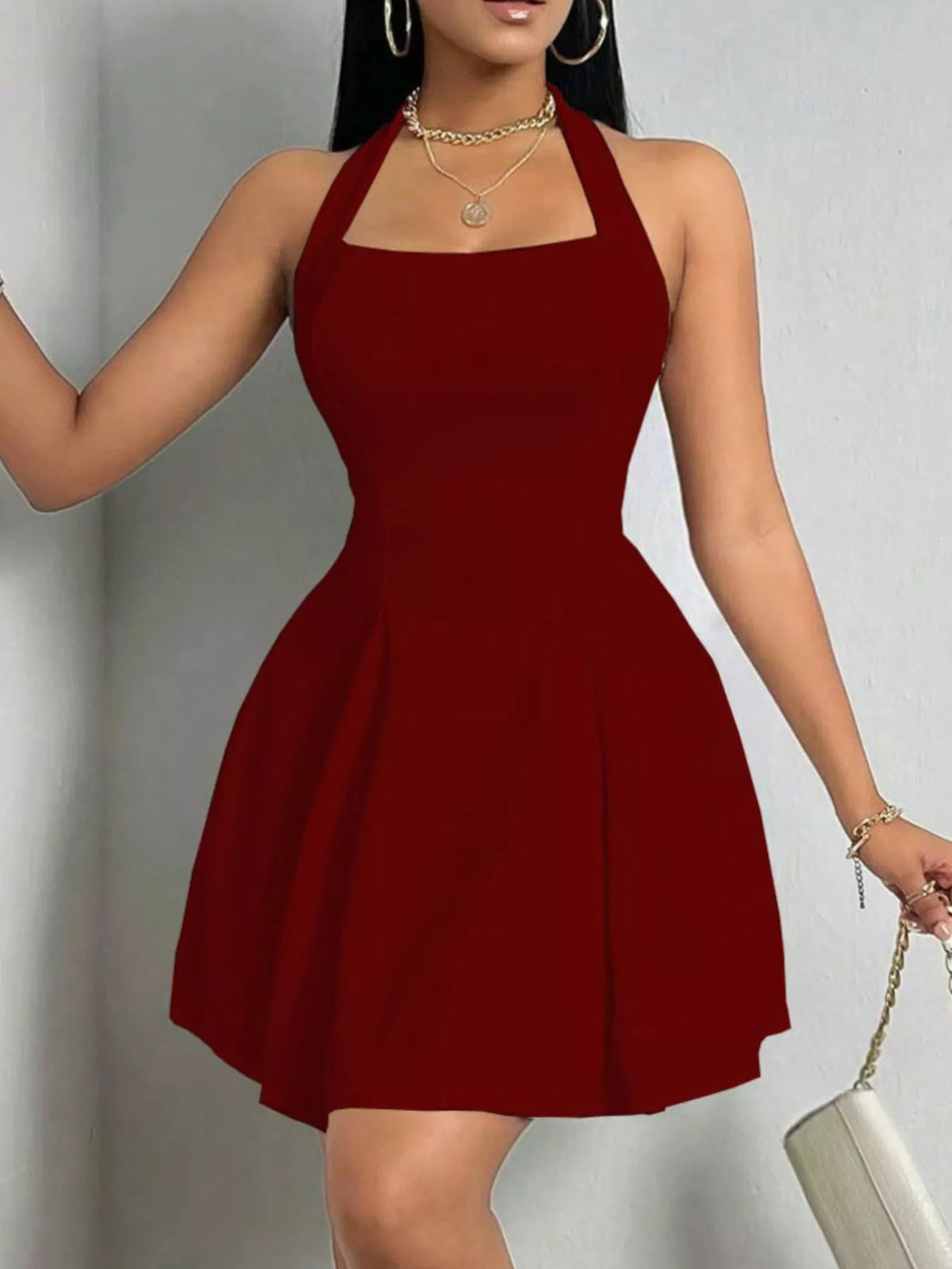 Halter Neck Sleeveless A-Line Mini Dress in Wine Red