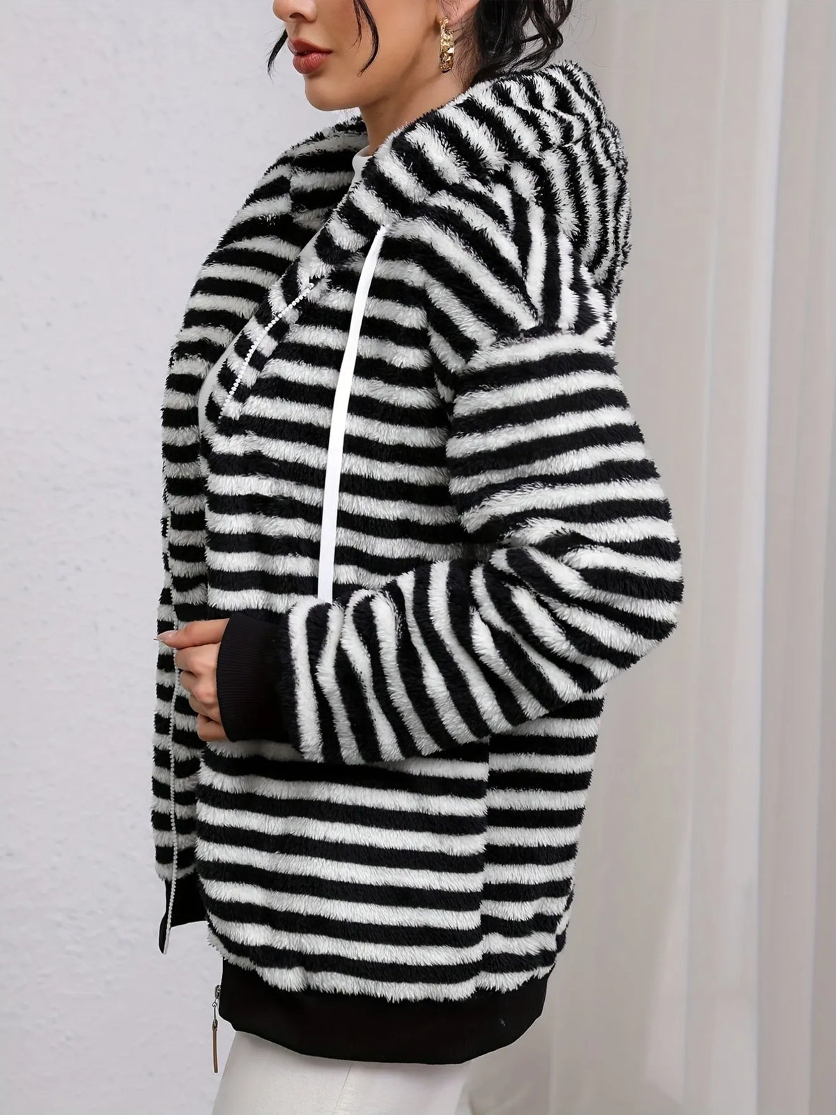 Striped Fuzzy Zip Up Hooded Outerwear in Black, view 3