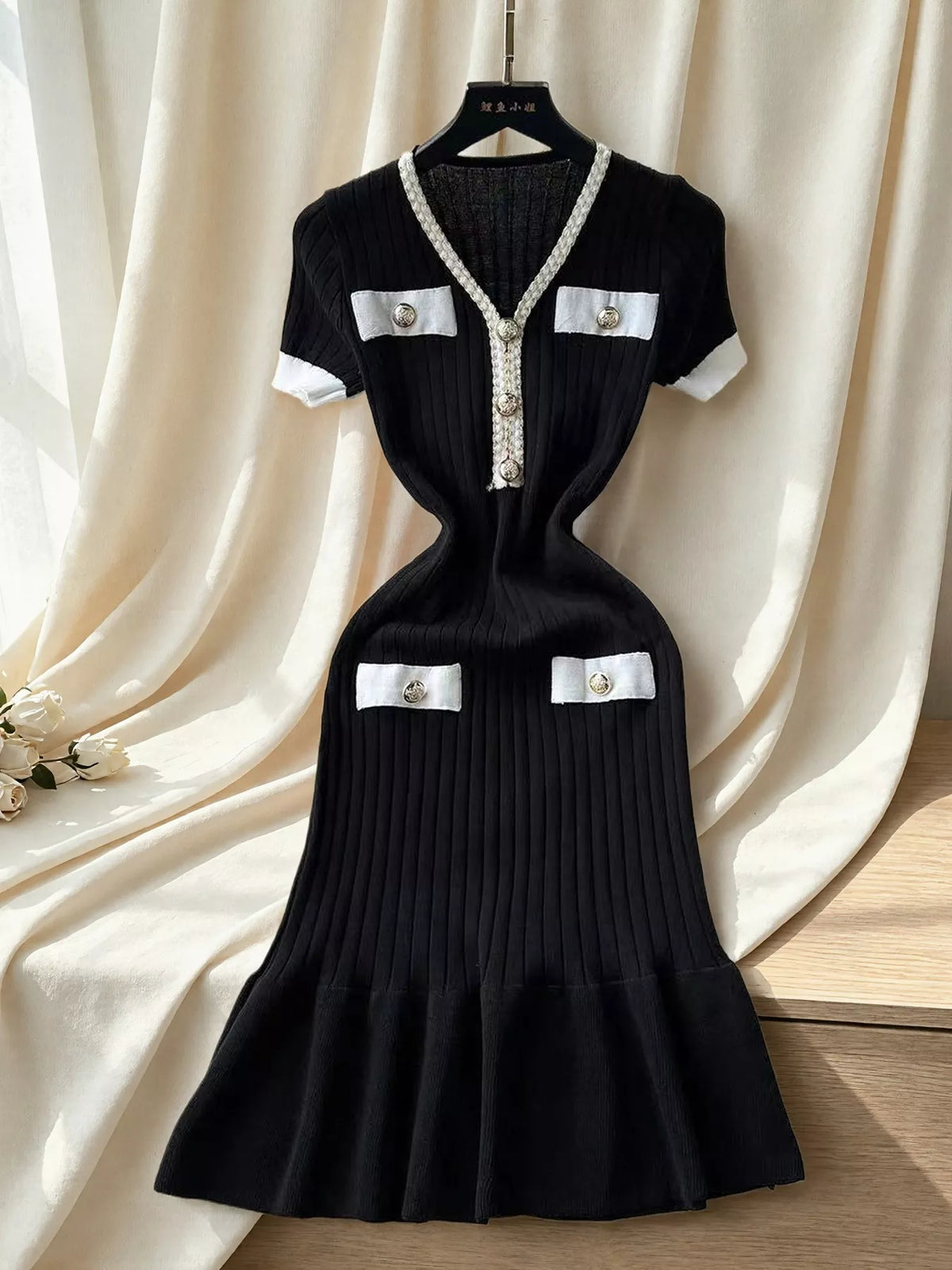 Ruffled Hem V-Neck Ribbed Knit Dress - Lilixa.store