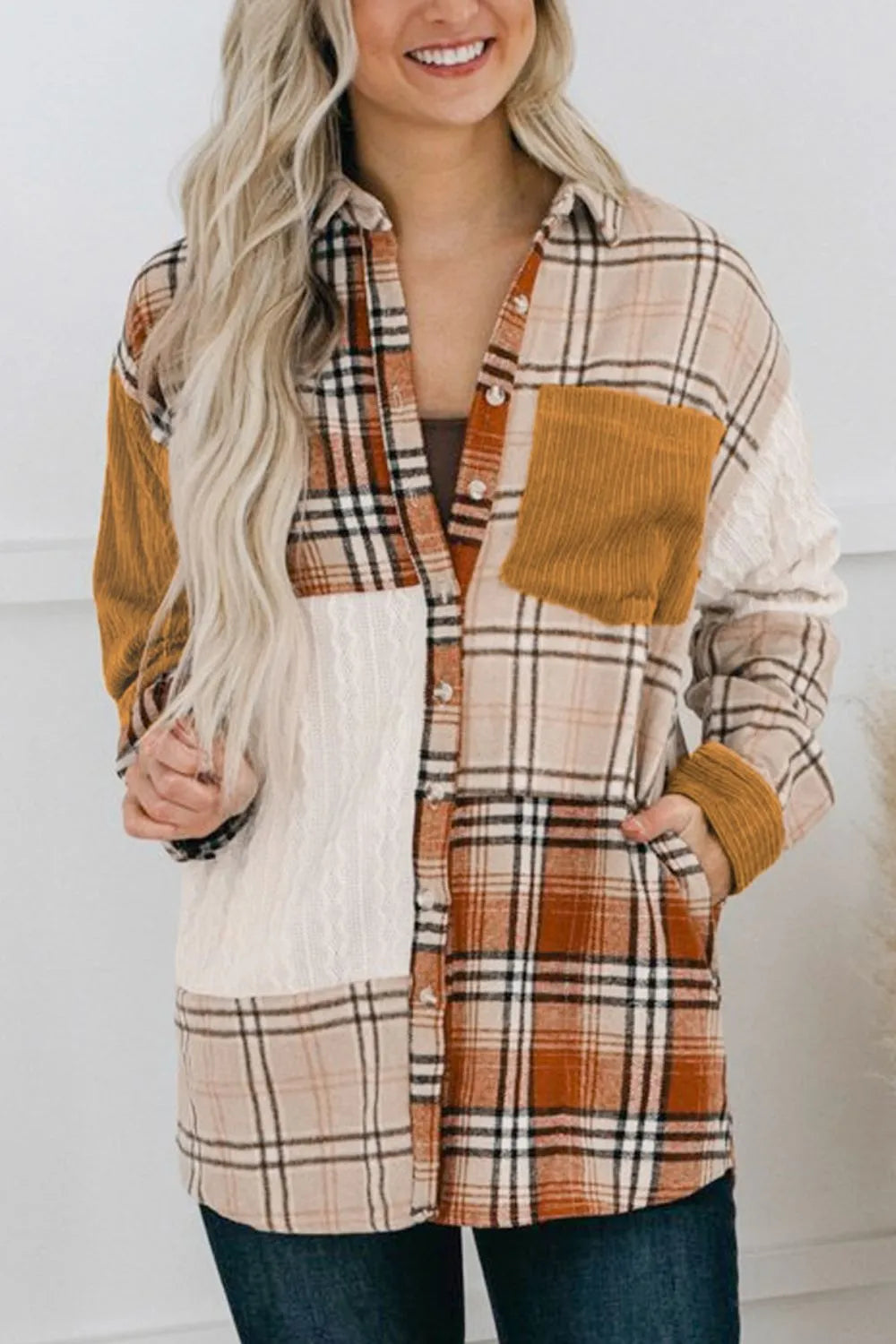 Plaid Button Up Long Sleeve Shacket in Sherbet, view 2