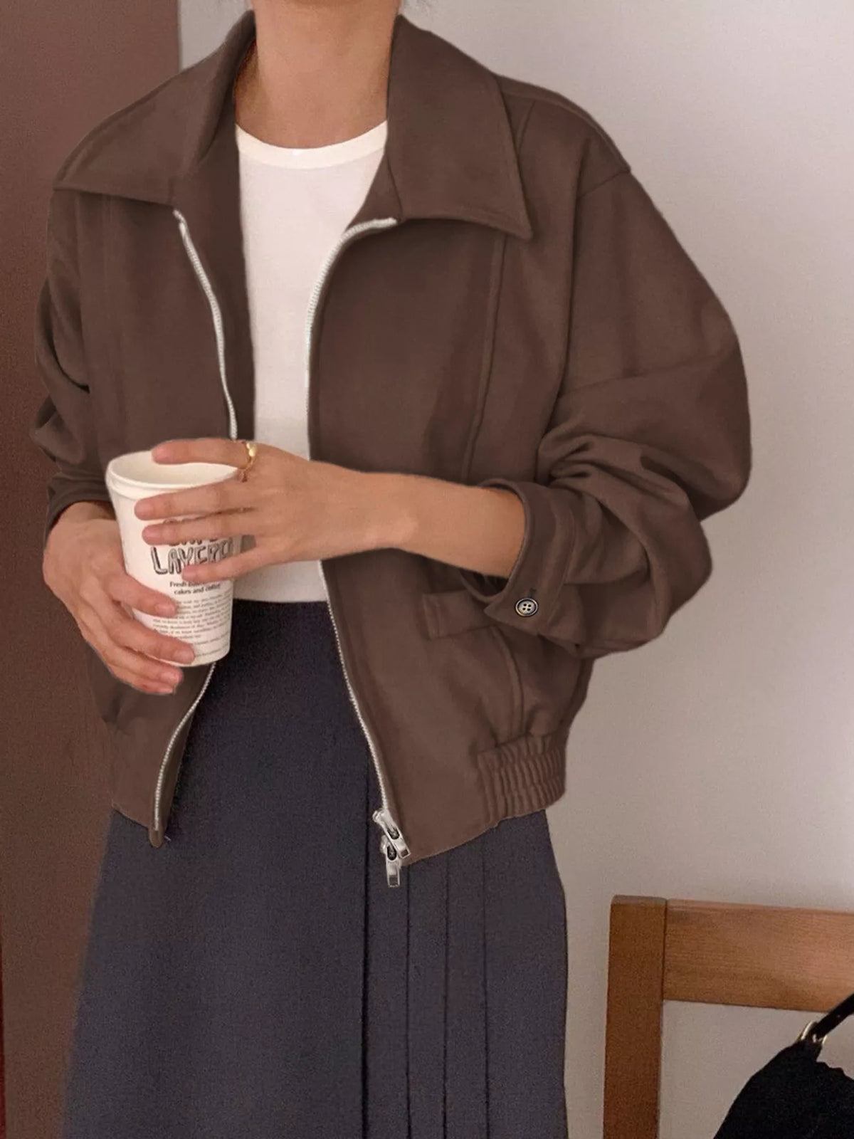 Zip Up Long Sleeve Jacket in Brown, view 2