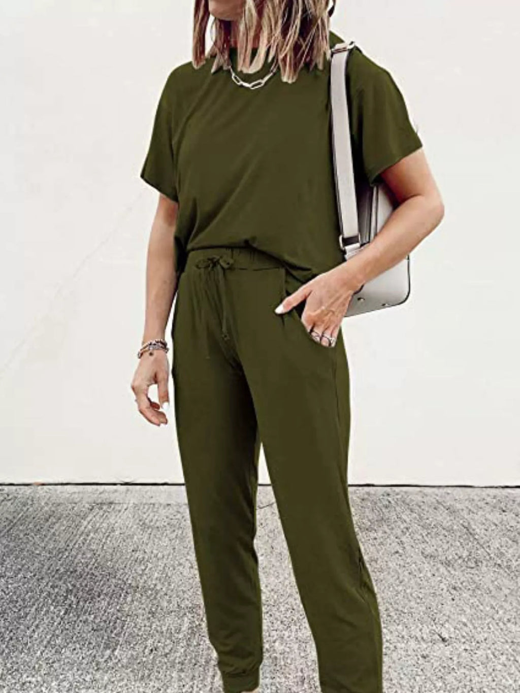 Full Size Round Neck Top and Drawstring Pants Set Plus Size - Lilixa.store
